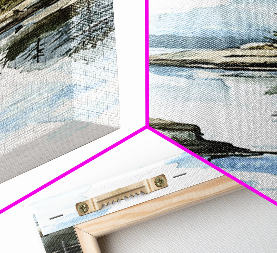 Quiet Rocky Lake And Pine Reflection Framed Canvas Print, Watercolor Landscape Wall Art, Nature Decor, Living Room Art Print