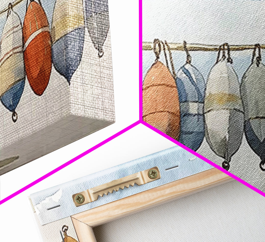 Hanging Coastal Buoys Canvas Print, Nautical Wall Art, Beach House Decor, Ocean Print, Bathroom Wall Decor, Gift For Her