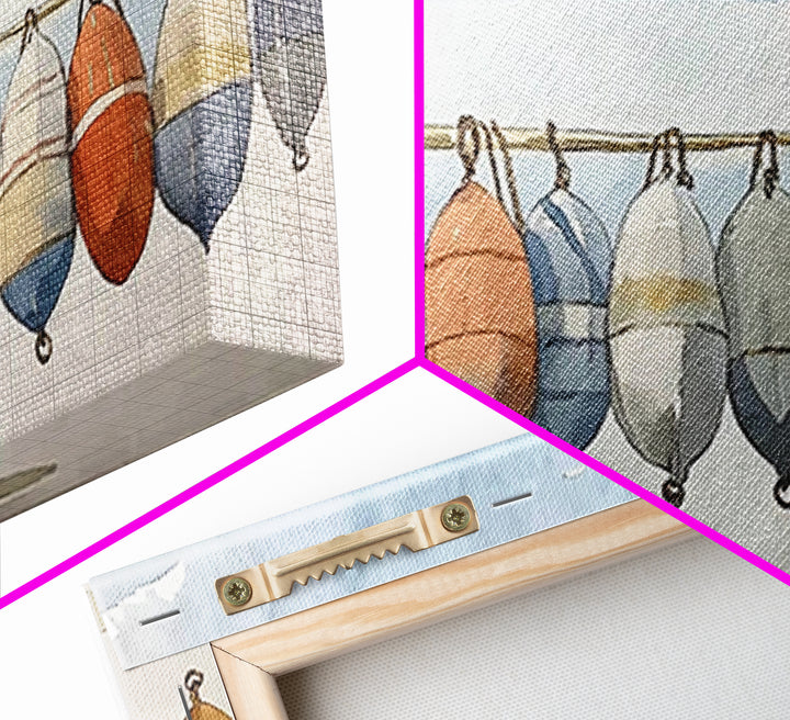 Hanging Coastal Buoys Canvas Print, Nautical Wall Art, Beach House Decor, Ocean Print, Bathroom Wall Decor, Gift For Her