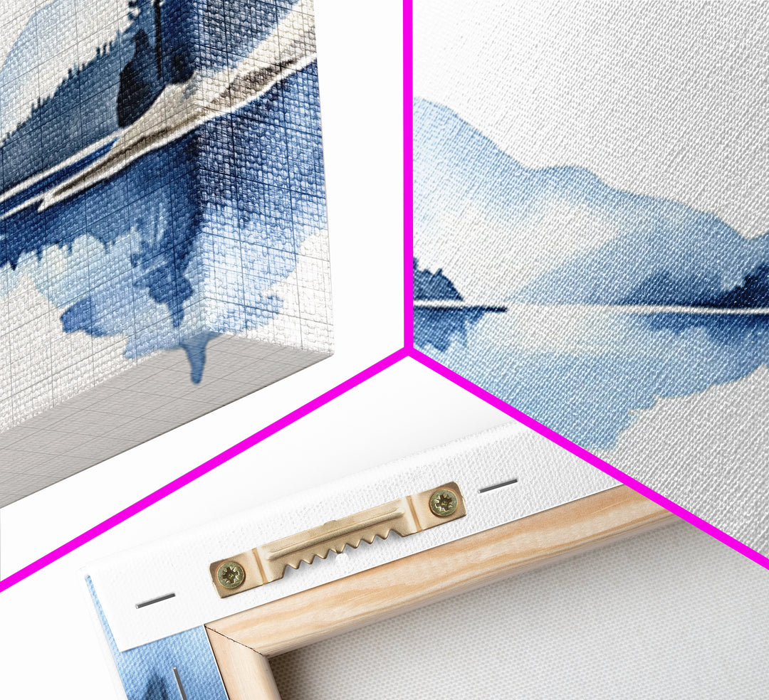 Minimal Blue Mountain Lake Wall Art, Watercolor Landscape Canvas Print, Scandinavian Nature Decor, Calm Living Room Wall Art
