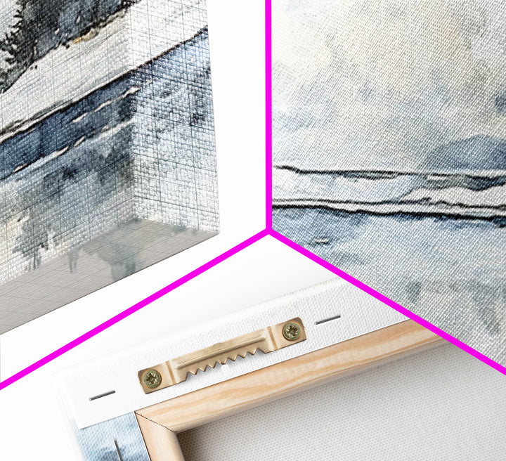 Winter Pine River Reflection Wall Art, Blue Watercolor Landscape Canvas Print, Serene Nature Living Room Decor, Lake House Gift