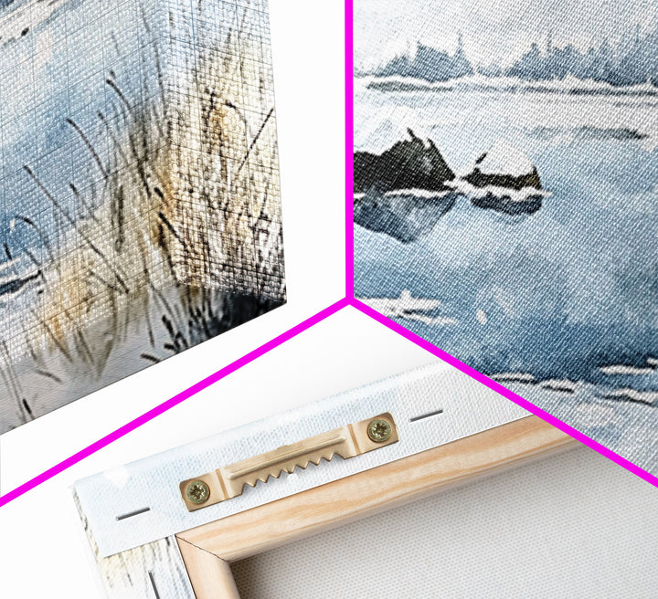 Snowy Marsh Lake With Rocks And Grass Wall Art, Winter Watercolor Landscape Canvas Print, Neutral Nature Decor, Cabin Gift
