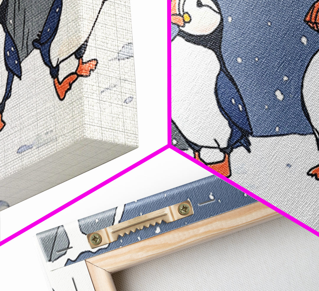 Four Puffins In Snowy Arctic Landscape Canvas Print, Whimsical Animal Wall Art For Kids Room, Nursery, Coastal Winter Decor
