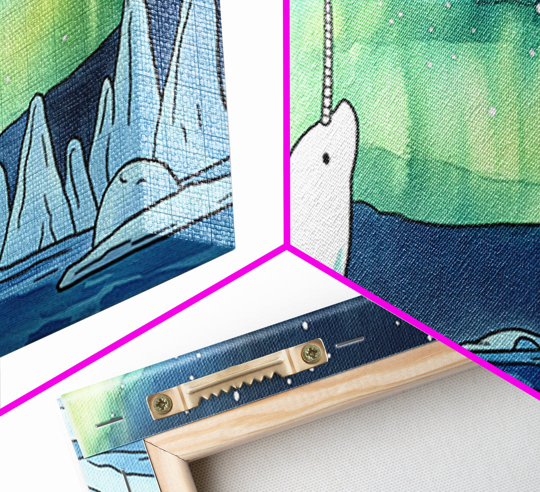 White Narwhal Under Northern Lights Canvas Print, Arctic Ocean Wall Art For Nursery, Kids Room, Coastal Decor, Fantasy Gift