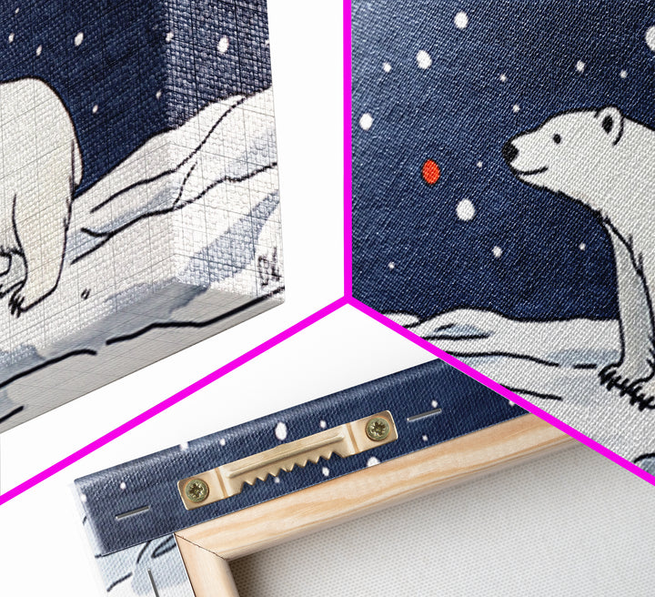 Minimal Polar Bear Snow Scene Wall Art, Arctic Wildlife Illustration, Kids Room Decor, Modern Nursery Canvas Print Gift Idea