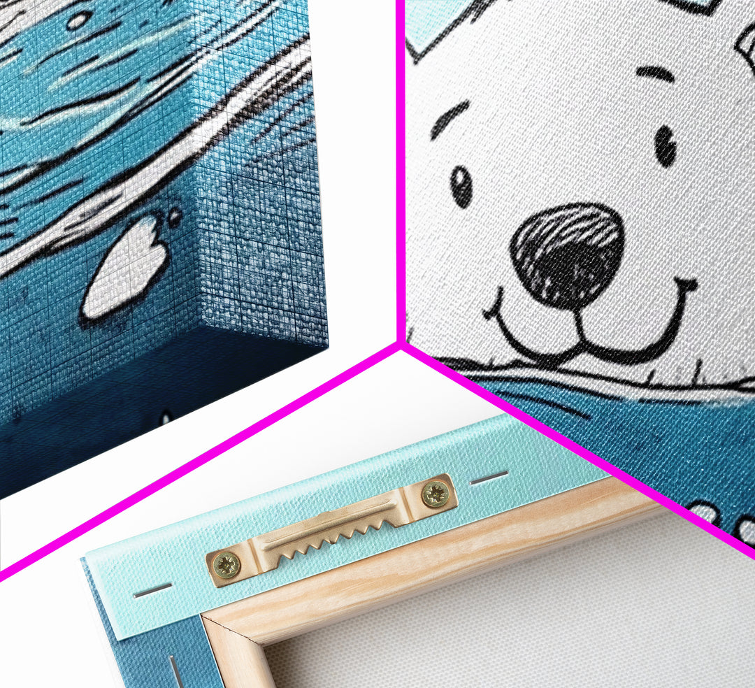 Smiling Polar Bear Swimming In Icy Sea Wall Art, Playful Arctic Animal Print, Ocean Nursery Decor, Kids Room Canvas Gift