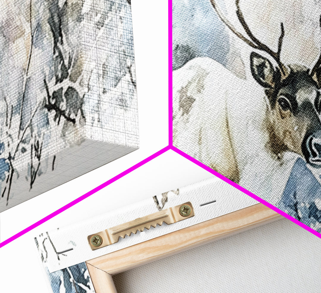 Majestic Caribou In Frosted Woods Framed Canvas Print, Winter Wildlife Wall Art, Rustic Cabin Decor, Nature Lover Art Gift