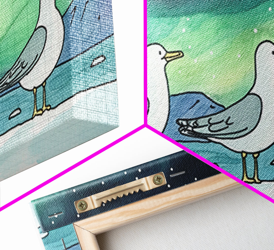 Three Seagulls Under Aurora Sky Wall Art, Winter Coastal Bird Canvas Print, Nautical Ocean Decor, Beach House Christmas Gift