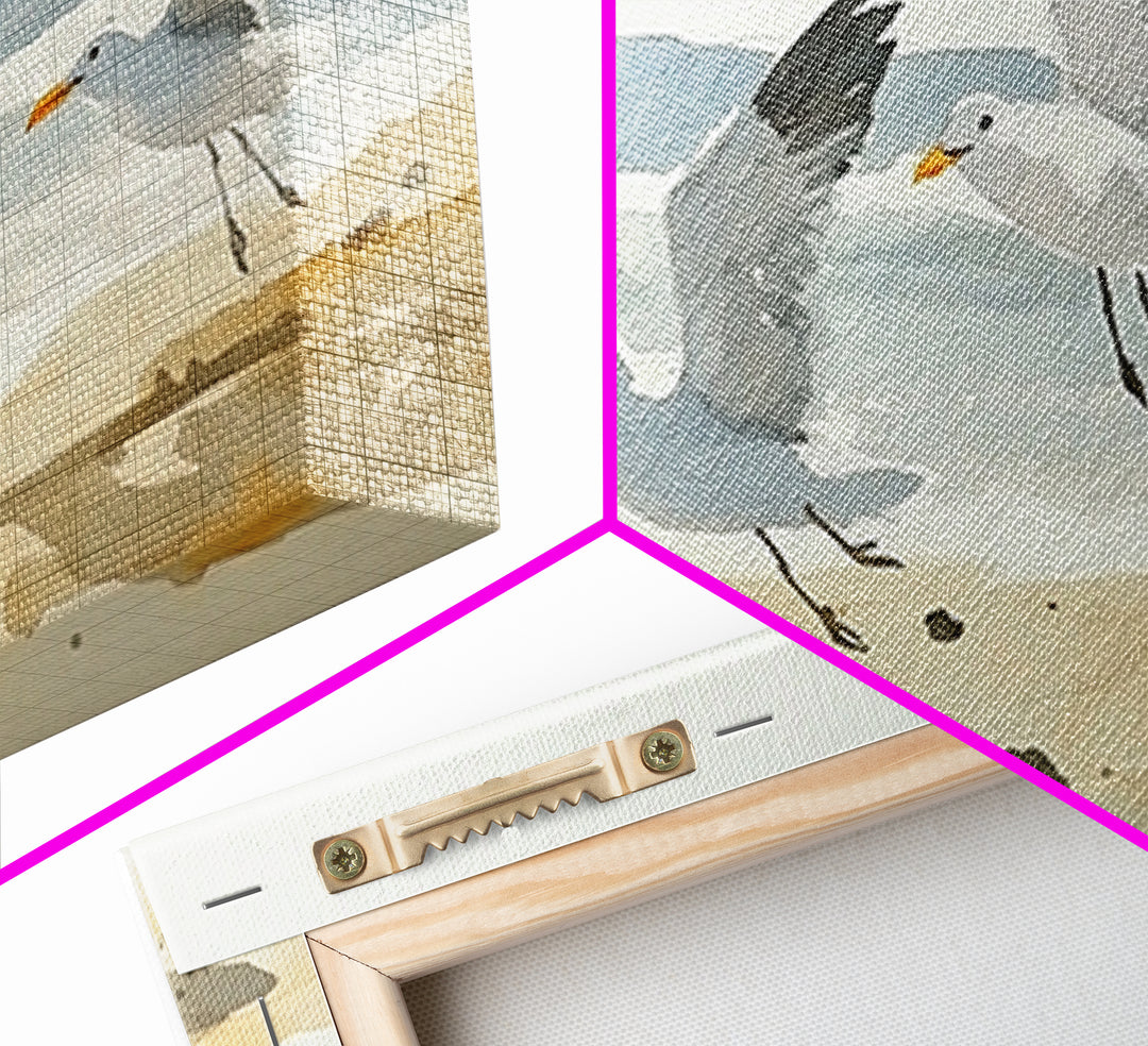 Flying Seagulls Over Sandy Watercolor Beach Wall Art, Coastal Ocean Canvas Print, Nautical Seascape Decor, Beach House Gift