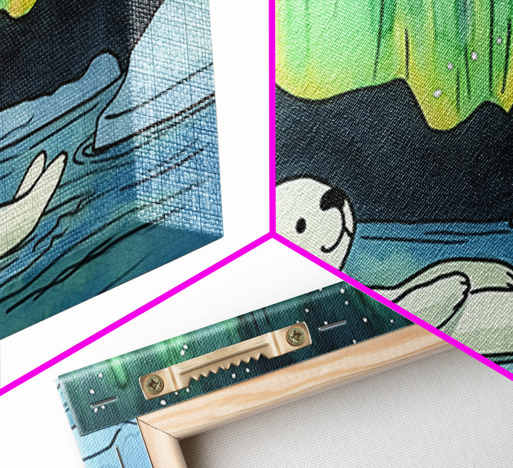 Polar Bear Floating Beneath Aurora Canvas Print, Arctic Wildlife Wall Art, Northern Lights Decor, Kids Room Animal Gift Print