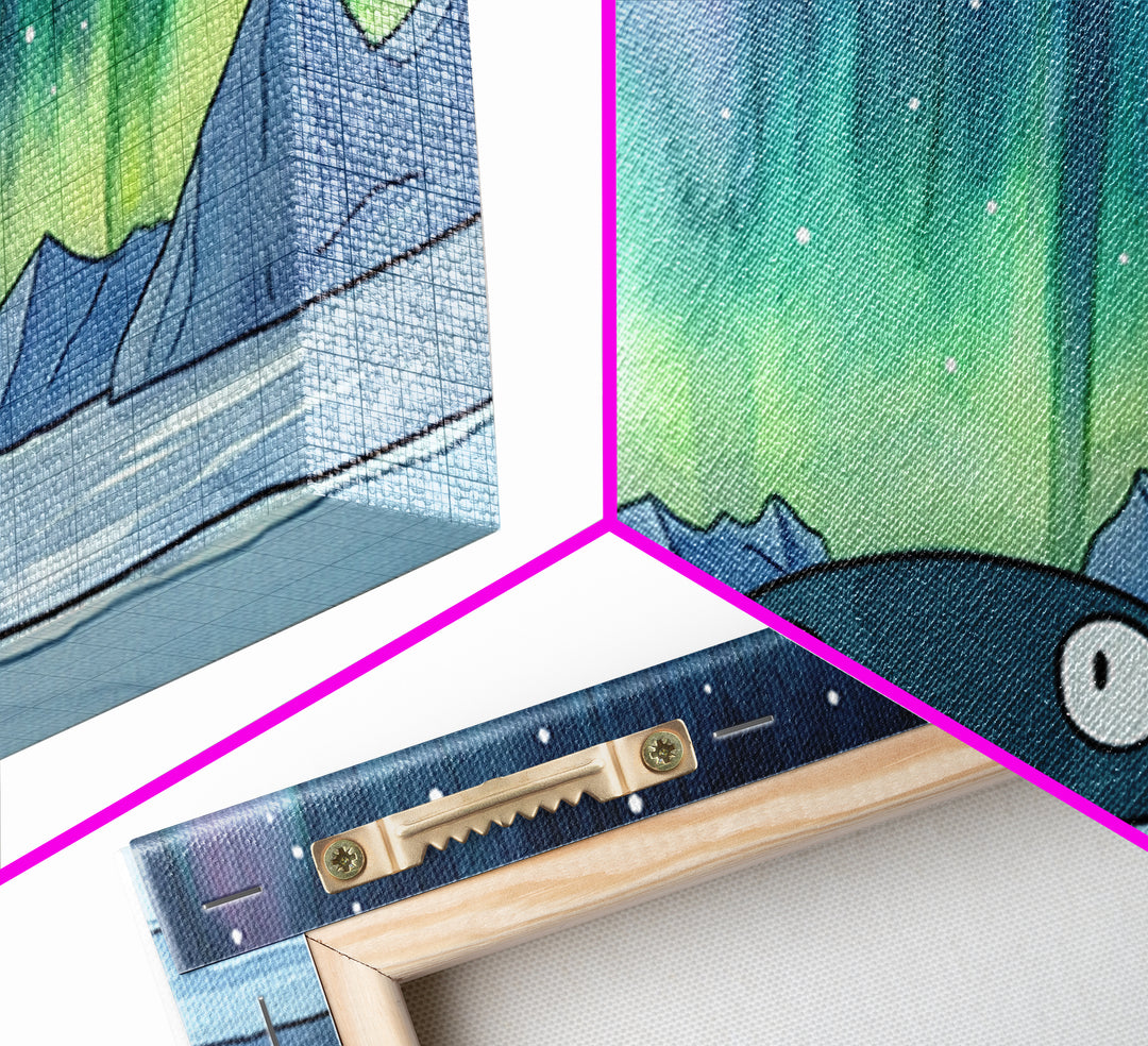 Whimsical Whale Peeking At Aurora Canvas Print, Northern Lights Wall Art, Arctic Ocean Decor, Kids Room Animal Gift For Nursery