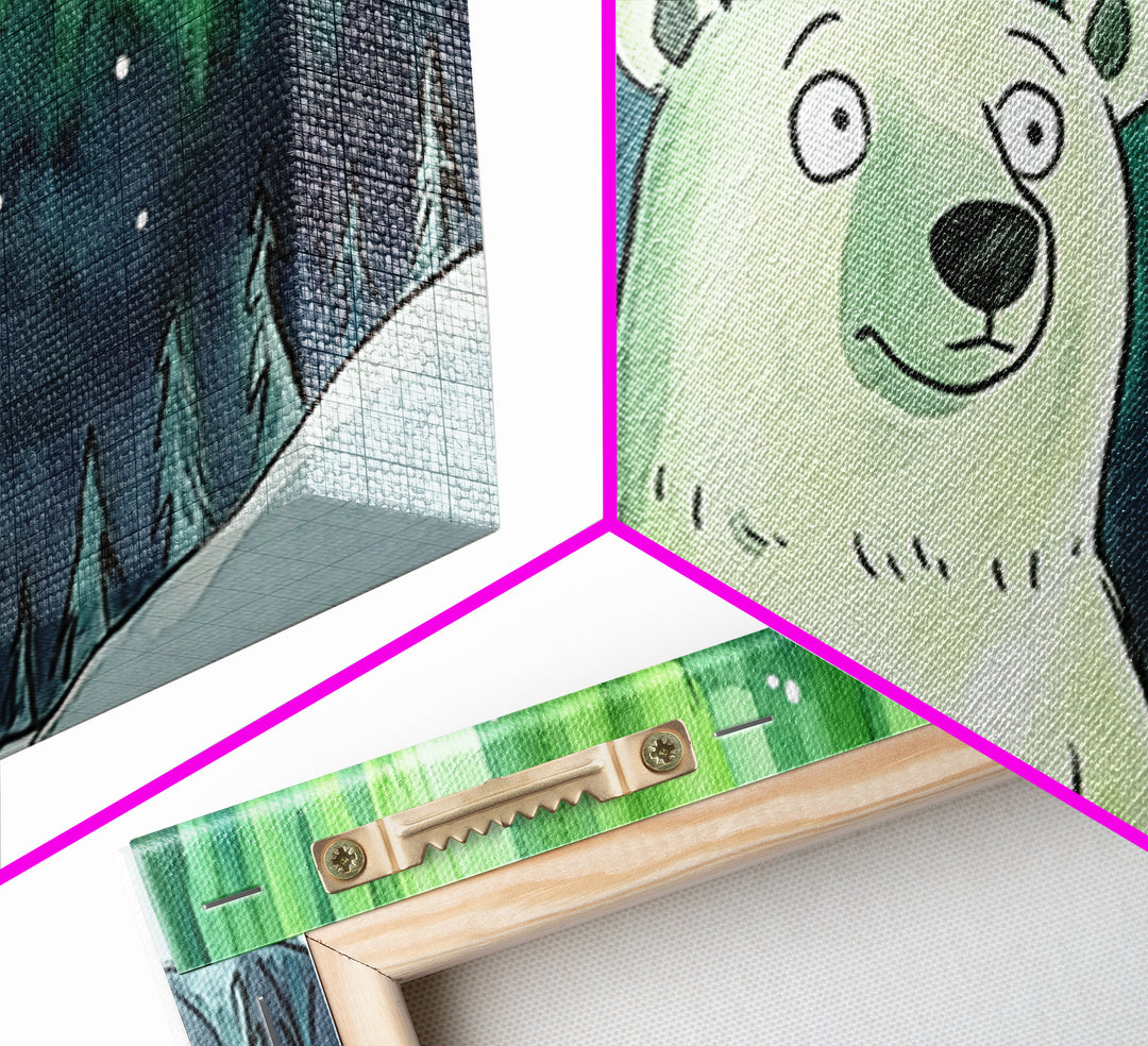 Polar Bear Under Northern Lights Canvas Print, Whimsical Winter Wall Art, Kids Room Decor, Nursery Animal Art Gift For Baby Bedroom