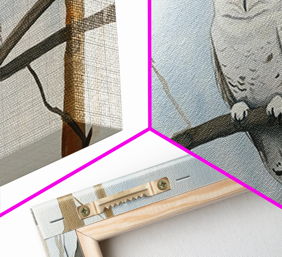 Snowy Owl On Winter Branch Canvas Print, Woodland Wildlife Wall Art, Neutral Nursery Animal Art, Scandinavian Office Decor