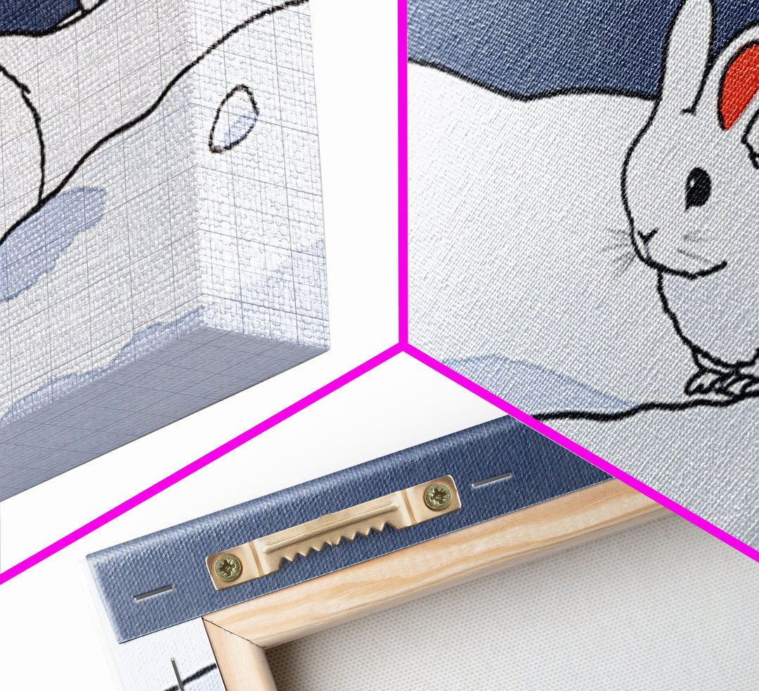Little White Rabbit In Snow Canvas Print, Minimal Winter Wall Art, Nursery Animal Art, Scandinavian Kids Room Decor Gift