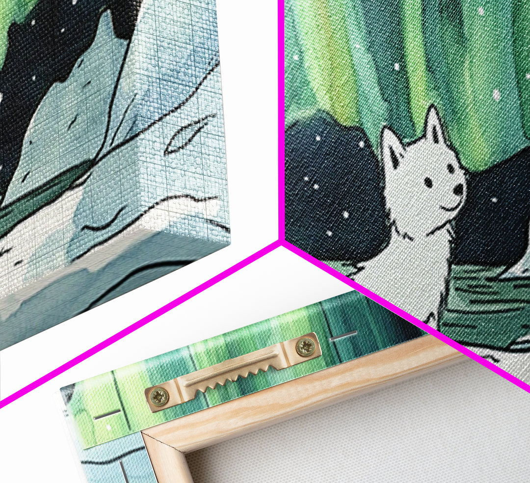 Sitting White Fox With Aurora Sky, Framed Canvas Print, Celestial Wall Art, Winter Nursery Decor, Whimsical Gift For Her