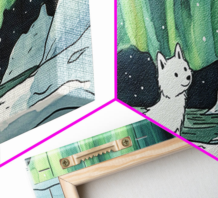 Sitting White Fox With Aurora Sky, Framed Canvas Print, Celestial Wall Art, Winter Nursery Decor, Whimsical Gift For Her