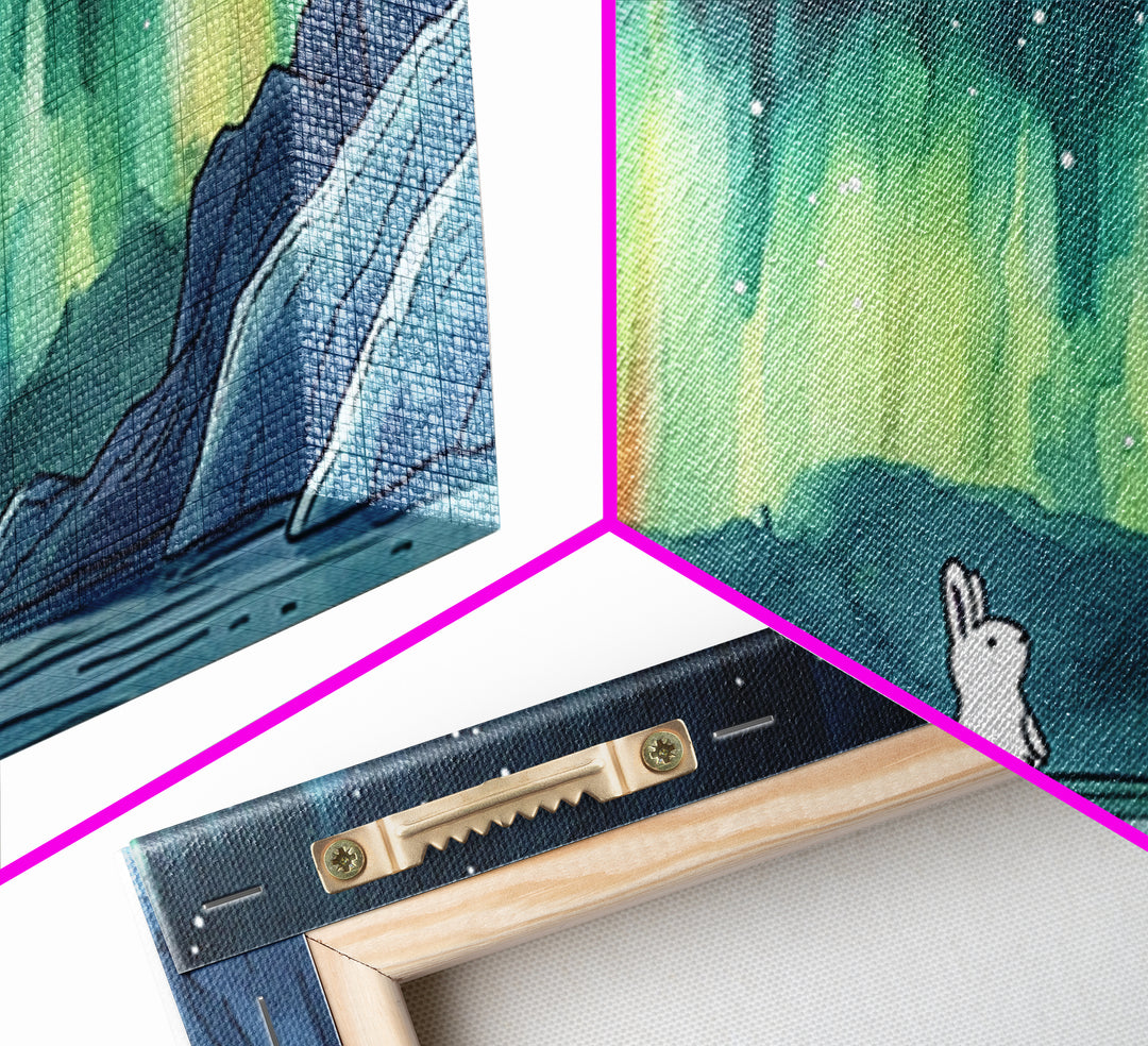 White Arctic Hare Under Aurora, Panoramic Wall Art, Celestial Winter Landscape, Whimsical Nursery Decor, Nature Canvas Print