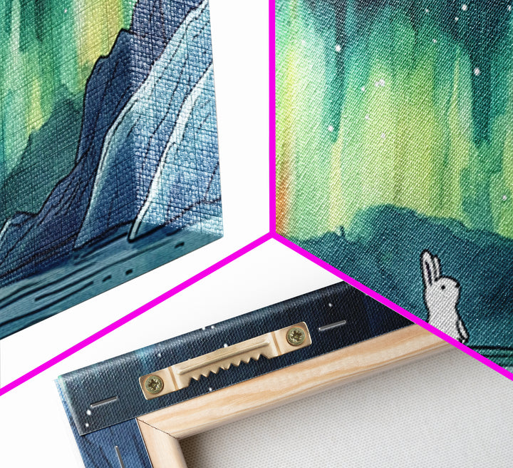 White Arctic Hare Under Aurora, Panoramic Wall Art, Celestial Winter Landscape, Whimsical Nursery Decor, Nature Canvas Print