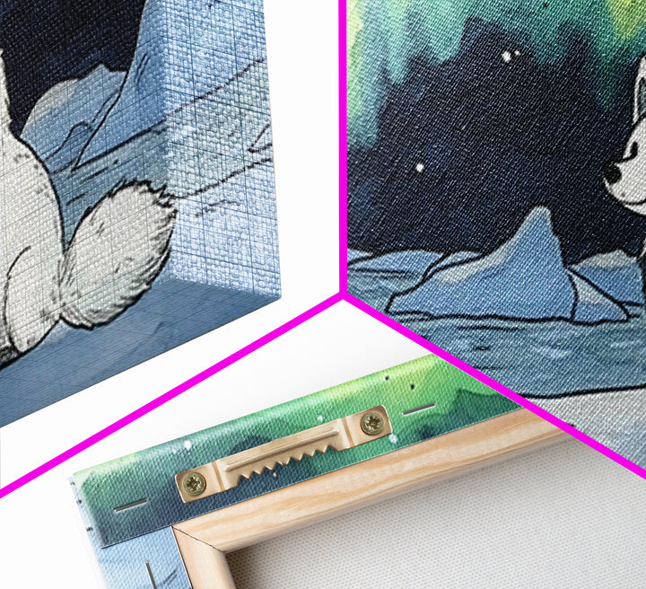 Sitting Arctic Fox On Ice Under Aurora, Canvas Print, Celestial Wall Art, Winter Coastal Decor, Calming Wildlife Gift For Her