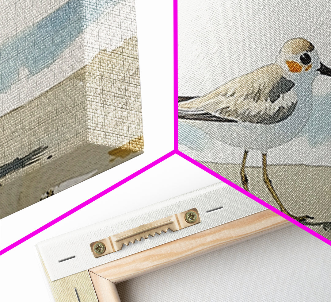 Tiny Snowy Plover Beside Gentle Surf Canvas Print, Watercolor Bird Art, Coastal Wall Art, Beach House Decor, Nature Print
