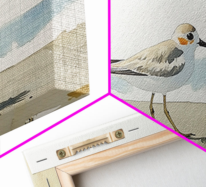 Tiny Snowy Plover Beside Gentle Surf Canvas Print, Watercolor Bird Art, Coastal Wall Art, Beach House Decor, Nature Print