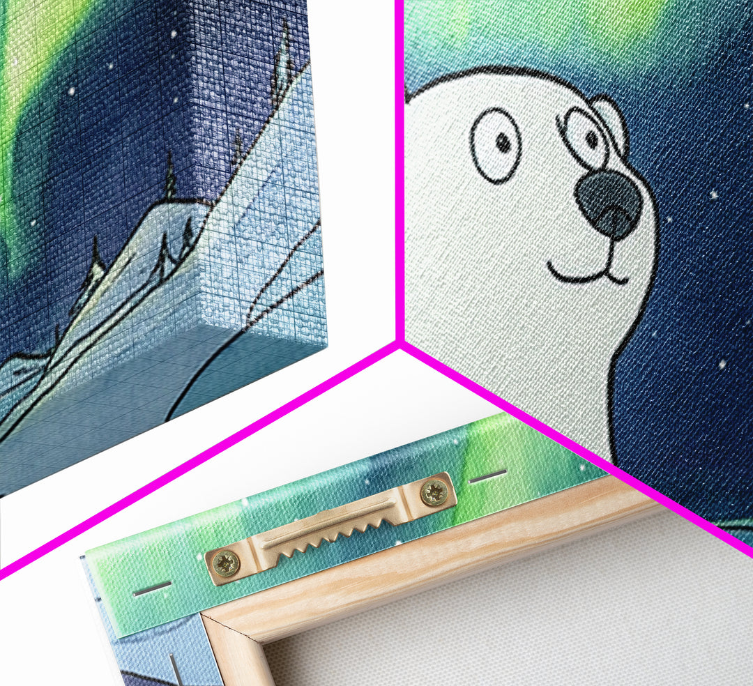 Whimsical Polar Bear Under Northern Lights Wall Art, Arctic Nursery Decor, Aurora Animal Print, Kids Room Canvas Gift, Home Decor