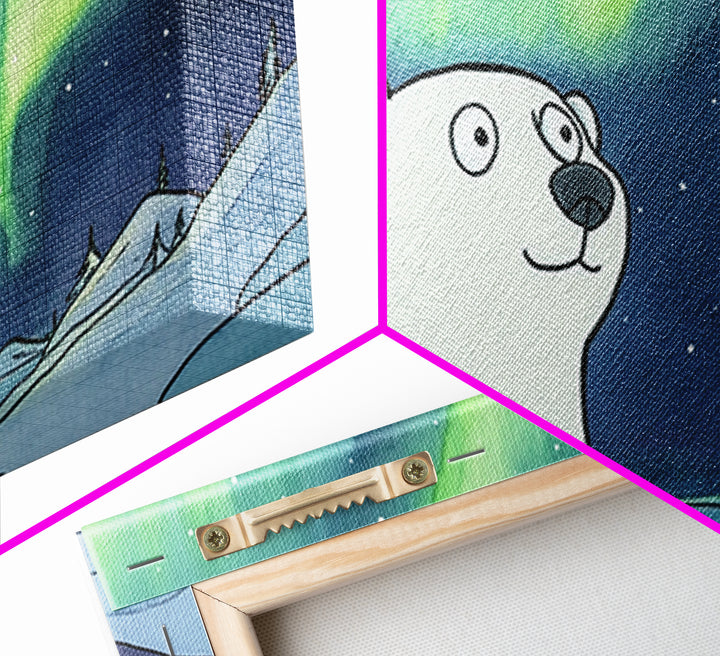 Whimsical Polar Bear Under Northern Lights Wall Art, Arctic Nursery Decor, Aurora Animal Print, Kids Room Canvas Gift, Home Decor