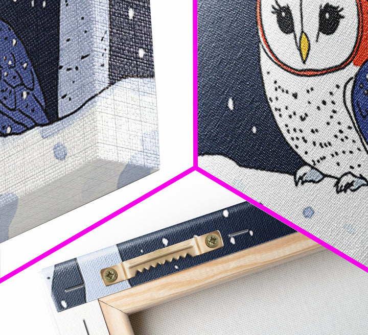 Cute Red And Blue Owl In Snow Wall Art, Woodland Nursery Decor, Whimsical Bird Print, Winter Animal Canvas For Kids Room