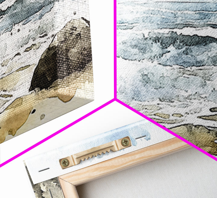 Rocky Surf And Foamy Tide Wall Art, Watercolor Ocean Painting Print, Nautical Coastal Decor, Beach House Living Room Art