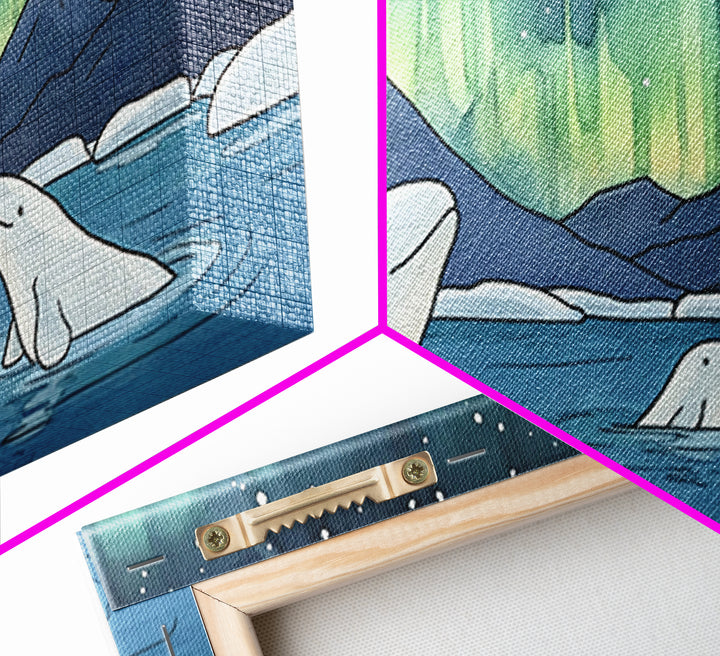 Beluga Whales Under Aurora Framed Canvas Print, Arctic Ocean Wildlife Wall Art, Nursery Decor, Kids Room Animal Art Prints
