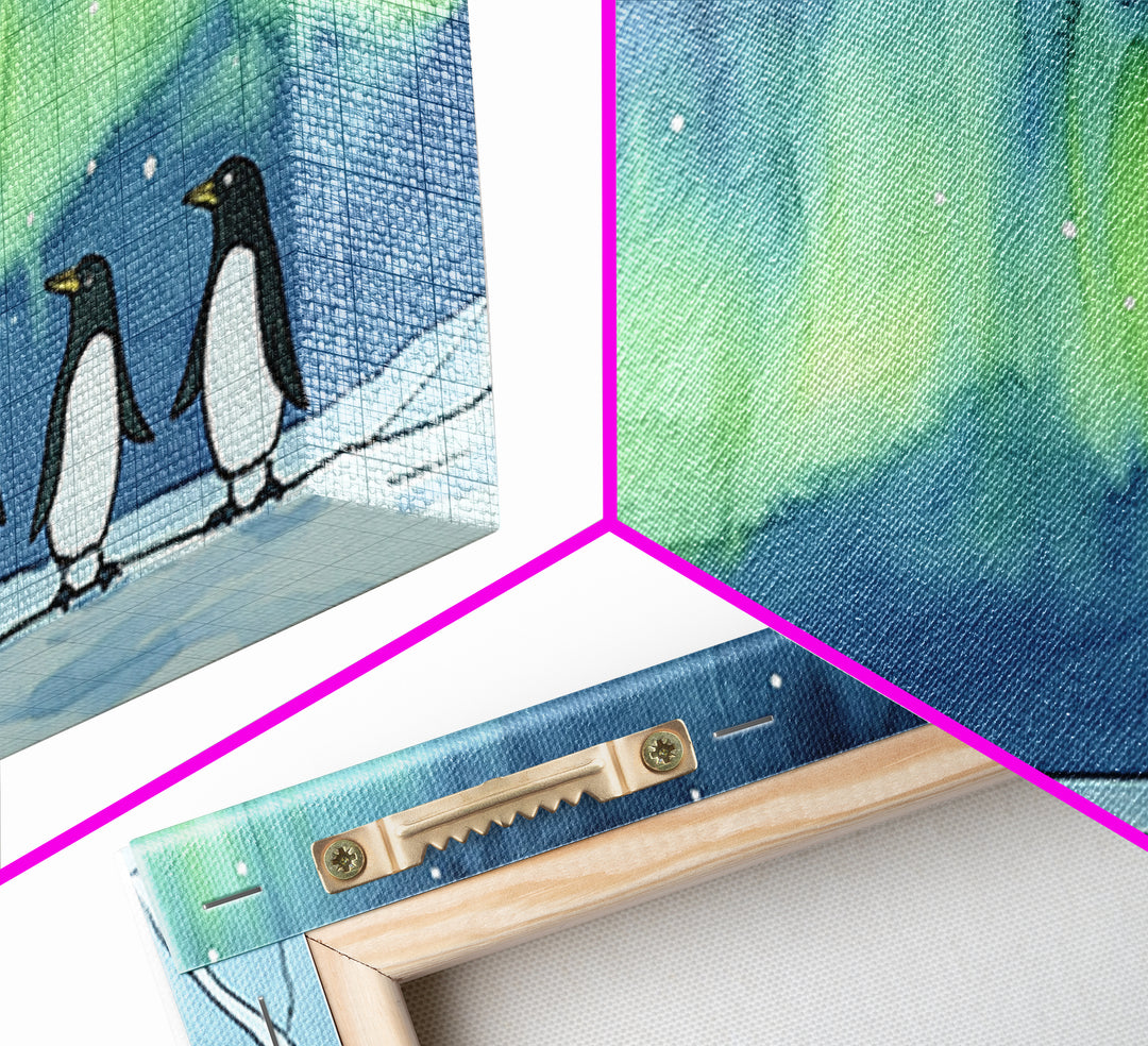 Penguins Walking Under Aurora Canvas Print, Arctic Animal Wall Art, Whimsical Nursery Decor, Kids Room Art, Coastal Wall Decor