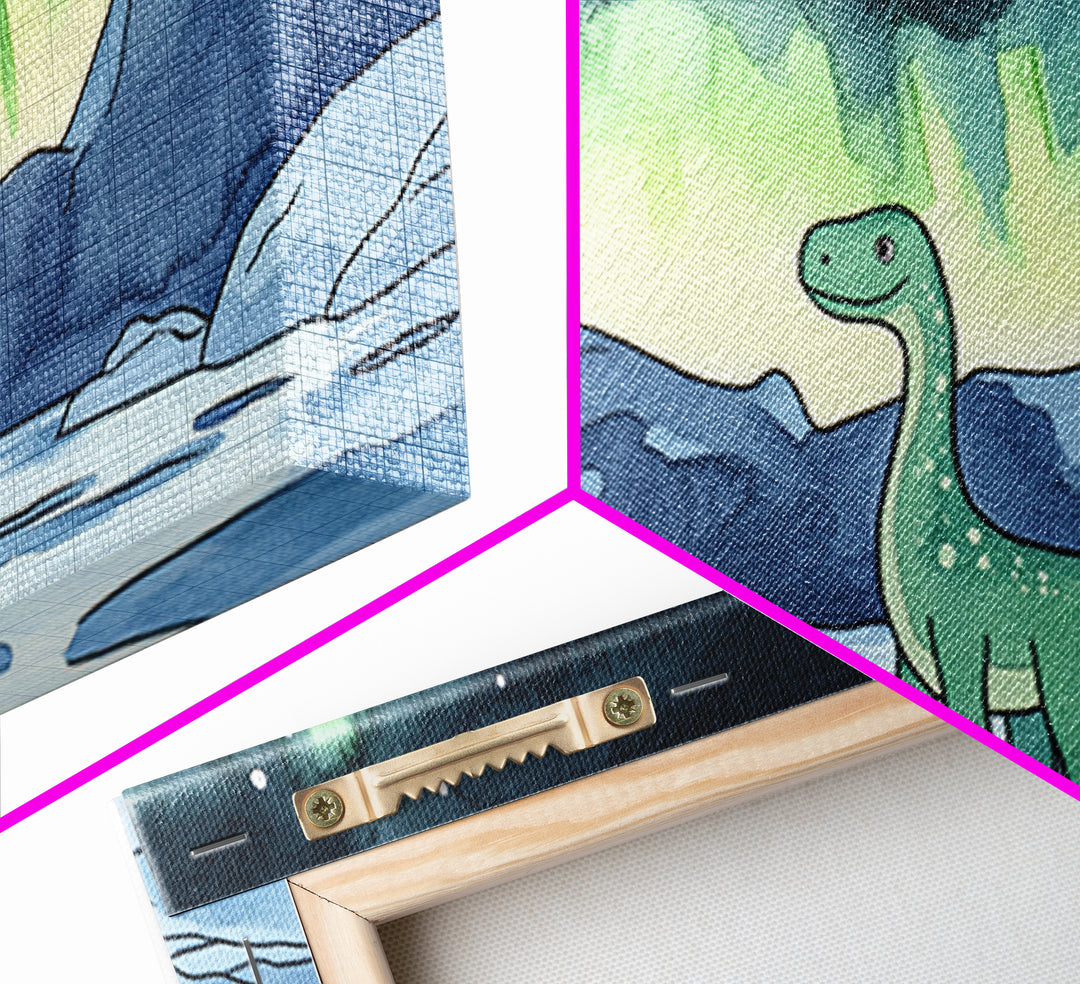 Friendly Loch Ness Dinosaur Under Aurora Wall Art, Whimsical Fantasy Art Print, Kids Room Decor, Nursery Wall Art, Lake Wall Art