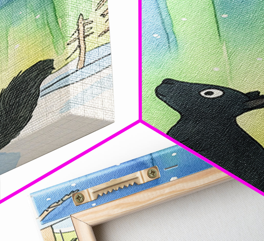 Whimsical Black Squirrel Aurora Wall Art, Northern Lights Nursery Decor, Woodland Animal Print, Winter Forest Kids Room Art