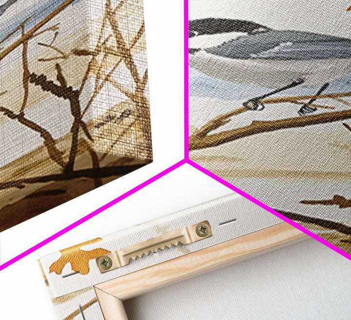 Coastal Chickadee On Driftwood Branch Wall Art, Beach House Decor, Nautical Nature Print, Bird Art Print, Serene Seaside Decor