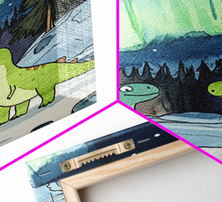 Two Smiling Dinosaurs In Snowy Forest Wall Art, Northern Lights Nursery Decor, Whimsical Kids Room Canvas Print, Baby Shower Gift