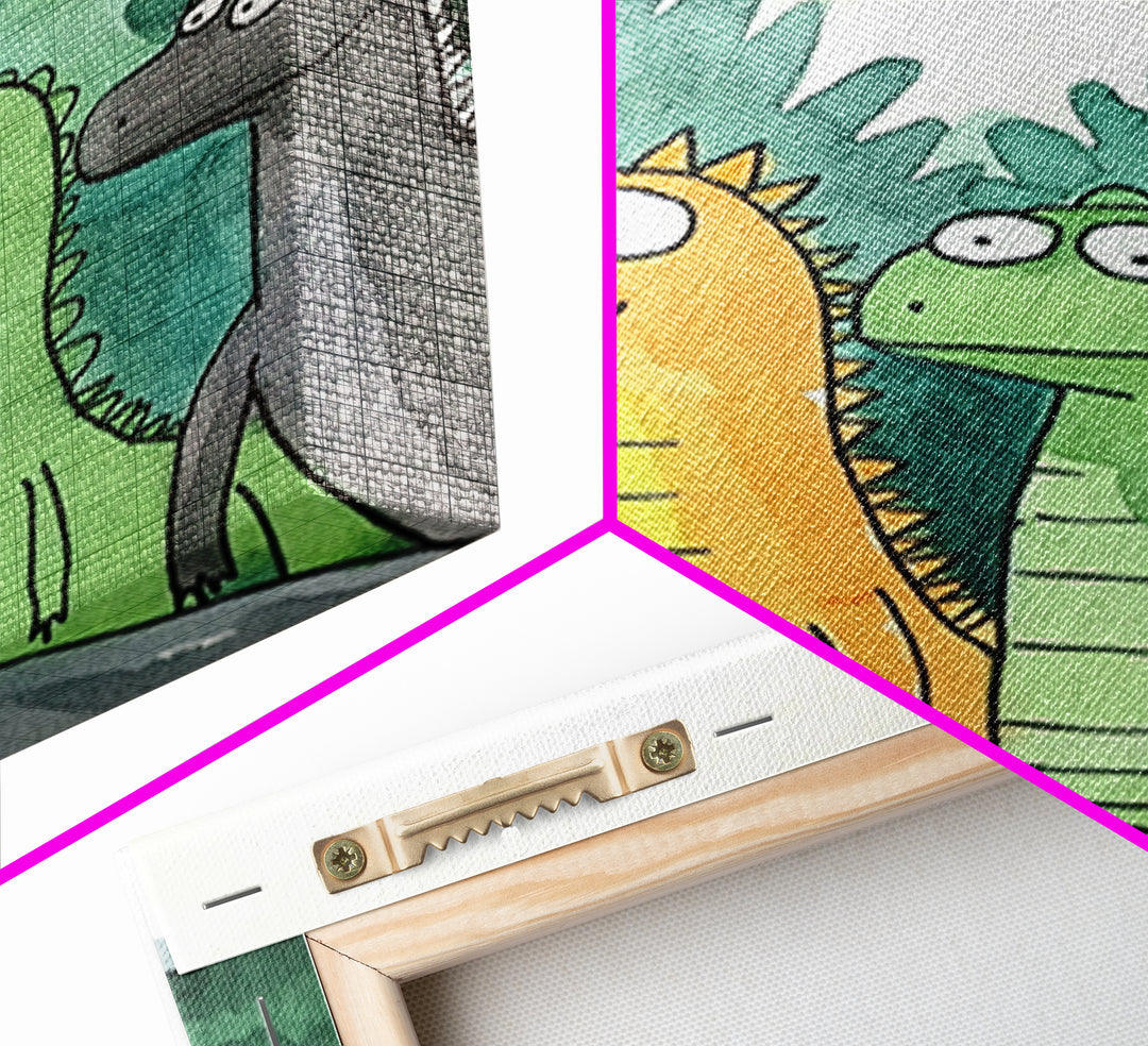 Three Cute Dinosaurs In Green Jungle Wall Art, Whimsical Animal Nursery Decor, Kids Room Art Print, Colorful Canvas Print