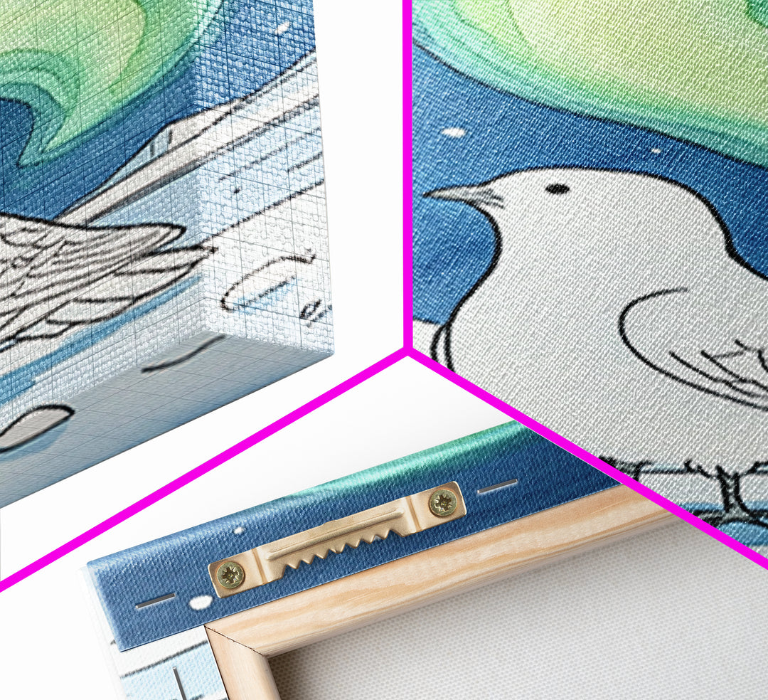 White Arctic Bird Beneath Northern Lights Wall Art, Winter Nature Decor, Celestial Bird Art Print, Peaceful Canvas Print