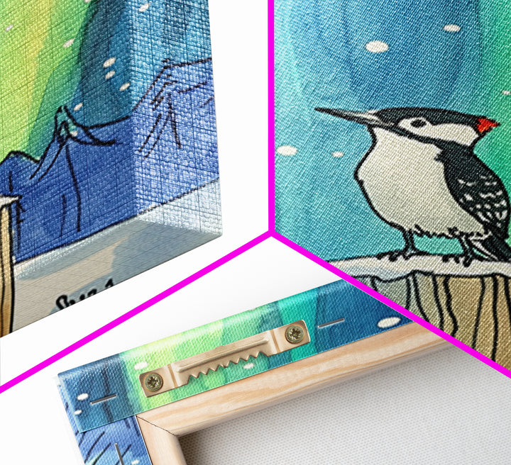 Woodpecker Under Aurora Snowy Forest Wall Art, Northern Lights Bird Art Print, Winter Nature Decor, Cozy Cabin Decor Canvas Print