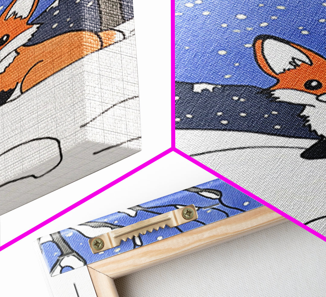 Cute Fox In Snowy Mountain Night Wall Art, Woodland Animal Print, Winter Nursery Decor, Cabin Wall Decor, Whimsical Art Print