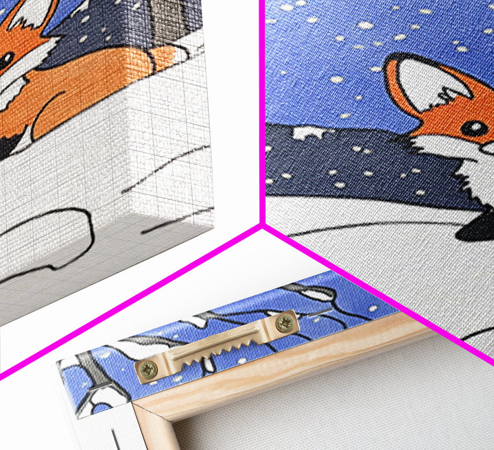 Cute Fox In Snowy Mountain Night Wall Art, Woodland Animal Print, Winter Nursery Decor, Cabin Wall Decor, Whimsical Art Print