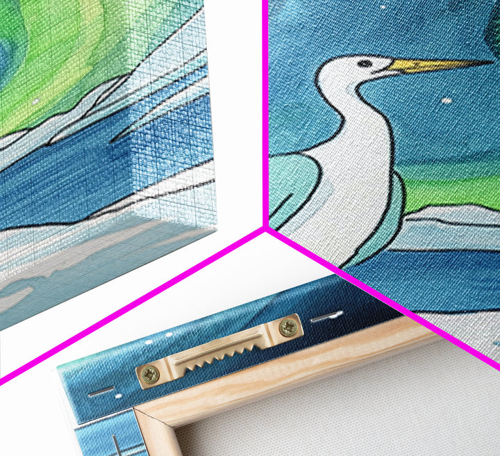 White Heron Under Northern Lights Canvas Print, Arctic Bird Wall Art, Coastal Nature Home Decor, Serene Nursery Gift For Her