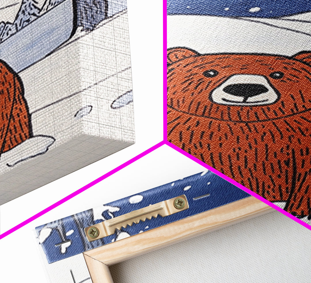Brown Bear In Snowy Forest Wall Art, Woodland Animal Canvas Print, Rustic Nursery Decor, Winter Wildlife Gift For Kids Room Decor