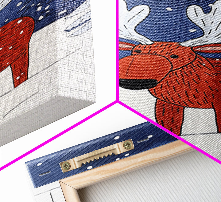 Red Whimsical Moose In Snowy Forest Canvas Print, Cute Animal Wall Art For Kids Room Decor And Nordic Winter Decor Gift Print