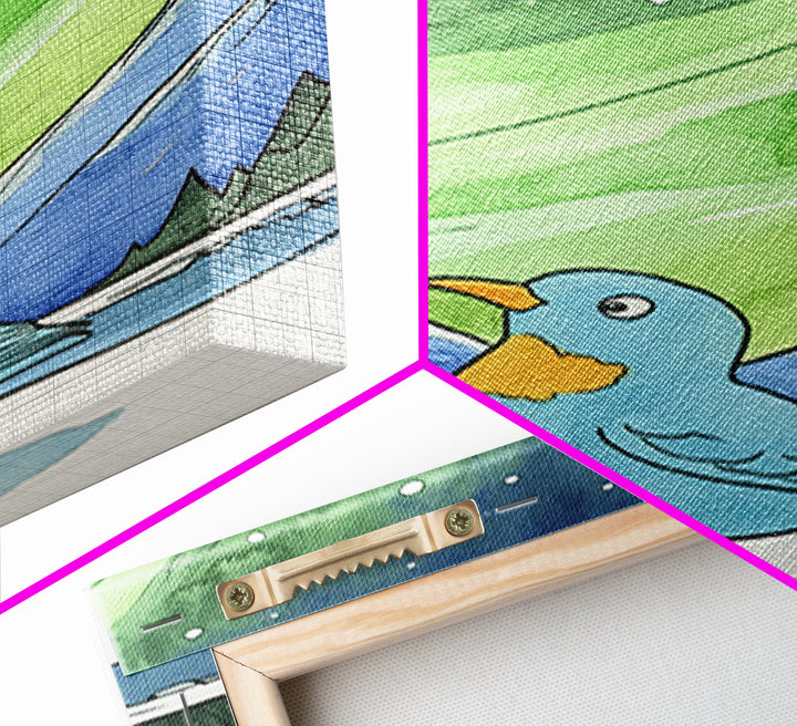 Blue Bird Beneath Green Aurora Canvas Print, Whimsical Animal Wall Art For Nursery Decor, Mountain Art, And Kids Room Decor