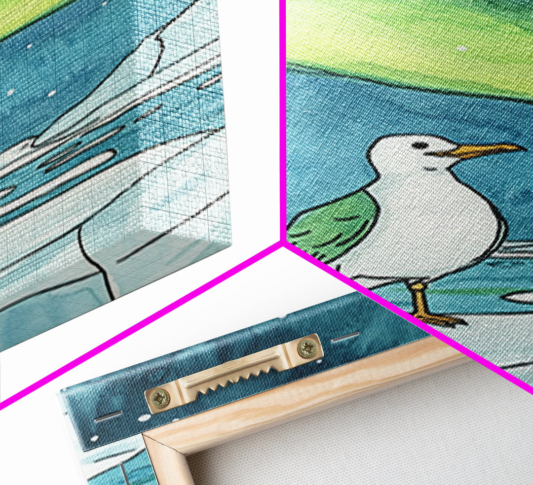 Seagull On Ice Under Aurora Wall Art, Arctic Coastal Bird Print, Ocean Nursery Decor, Nautical Bathroom Art, Beach House Decor