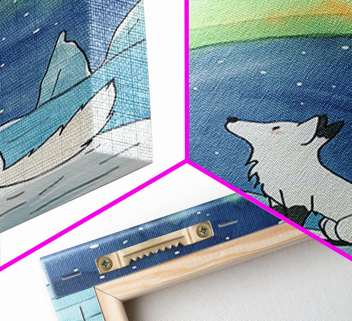 White Arctic Fox Under Aurora Wall Art, Celestial Night Sky Print, Winter Nursery Decor, Whimsical Wildlife Wall Decor, Gift For Her