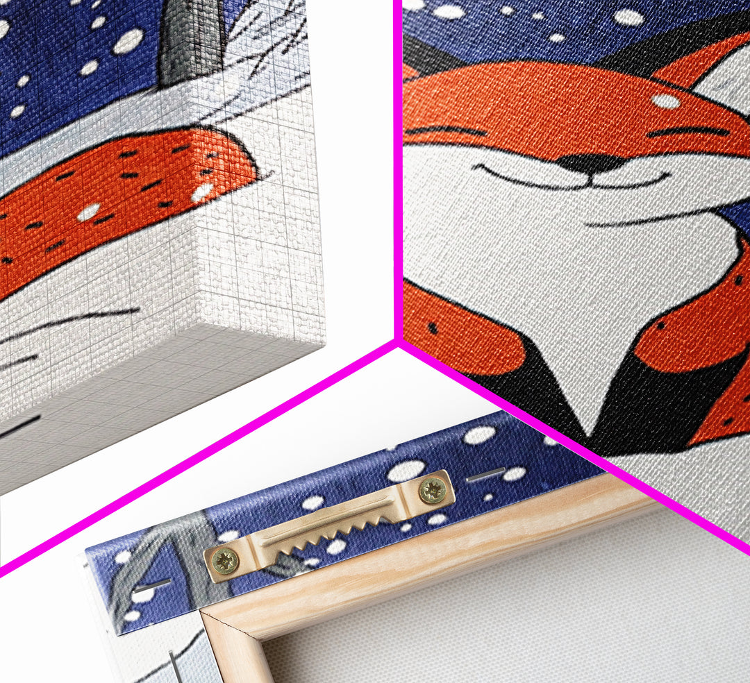 Smiling Red Fox In Falling Snow Wall Art, Cute Woodland Animal Art Print, Winter Nursery Decor, Whimsical Kids Room Decor