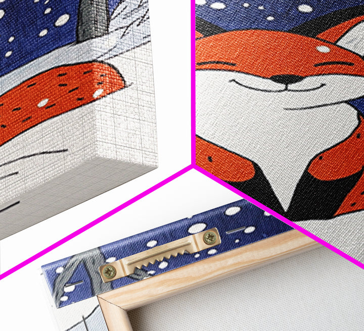 Smiling Red Fox In Falling Snow Wall Art, Cute Woodland Animal Art Print, Winter Nursery Decor, Whimsical Kids Room Decor