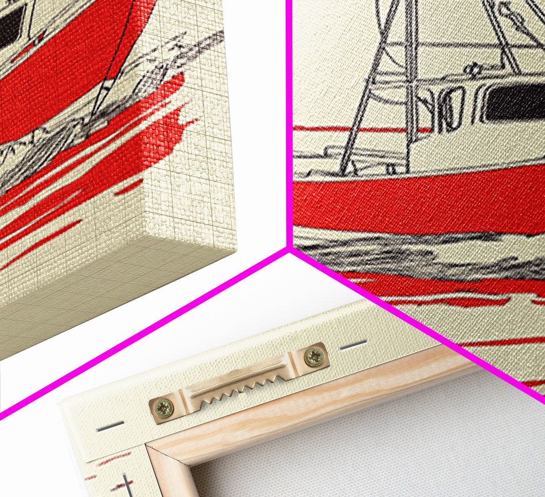 Red Fishing Boat Illustration Canvas Print, Nautical Wall Art, Coastal Beach House Decor, Maritime Gift For Him, Ocean Wall Decor