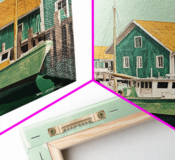 Green Fishing Boats By Dock Framed Canvas Print, Nautical Wall Art, Coastal Home Decor, Beach House Living Room Art Gift